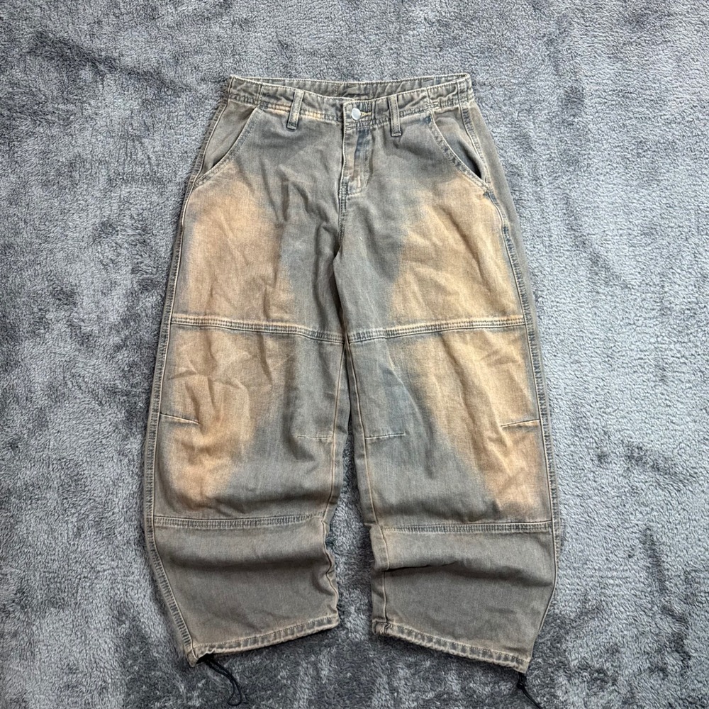 Fashion Nova Grey Sand Wash Baggy Cargo Pants Wide Leg Bungee Double Knee XS